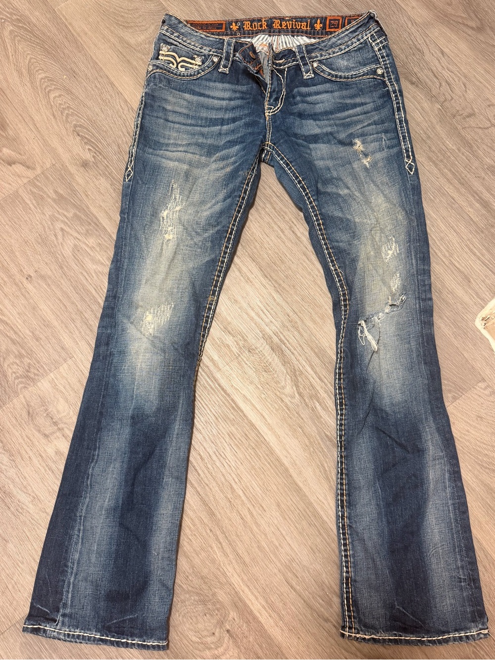 Rock Revival Distressed Blue Embroidered Pocket Flare Jeans